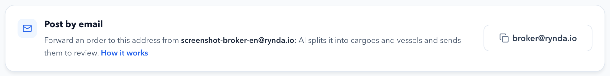 The "Post by email" card under "My listings": the account email and the broker@rynda.io button