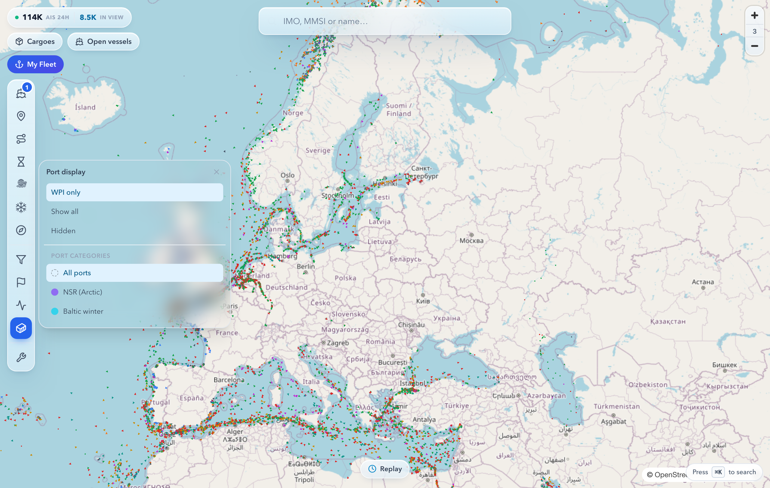 Port display menu on the rynda map: the All ports, NSR (Arctic) and Baltic (winter) categories