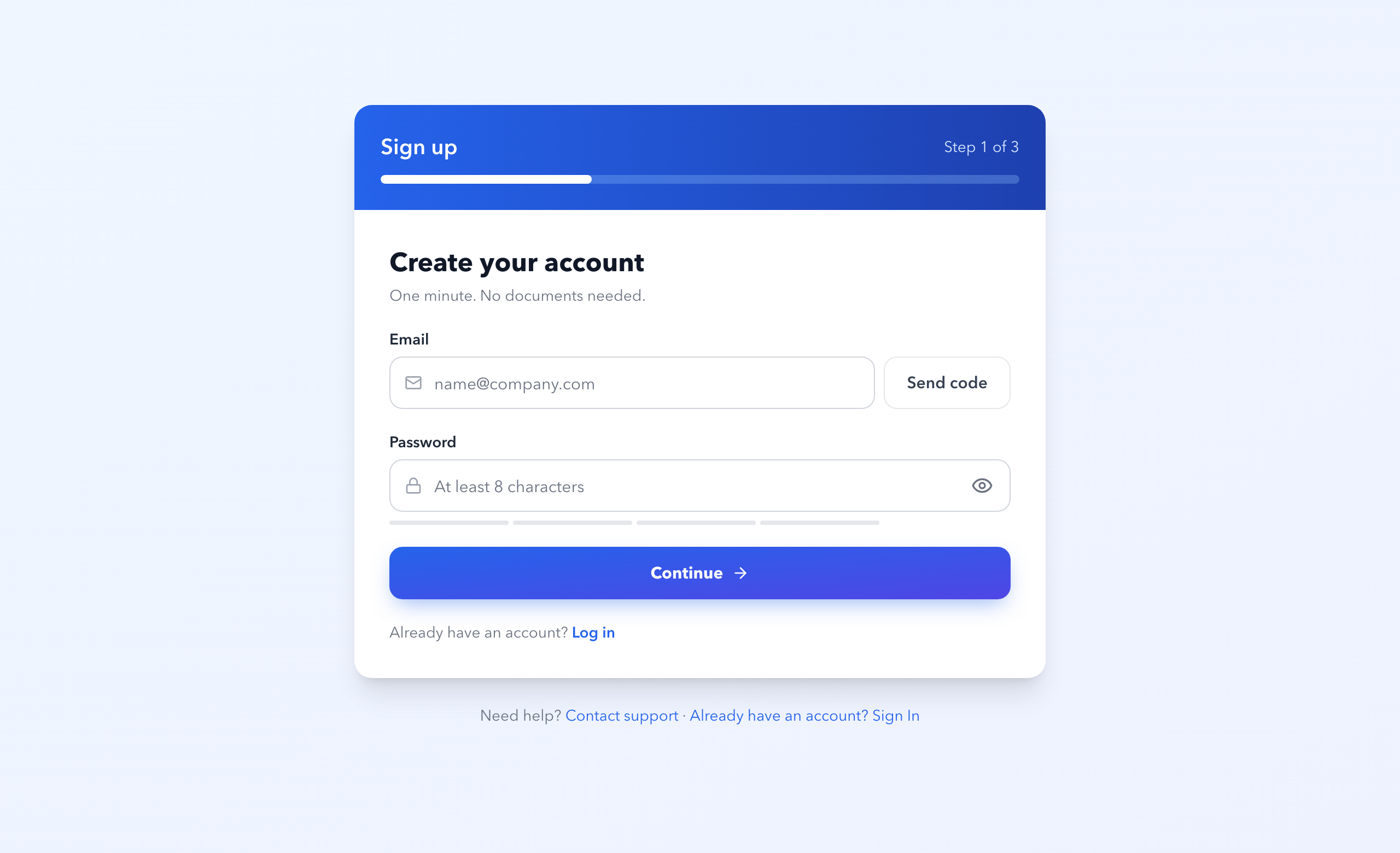 First registration step: email, code from the email and password