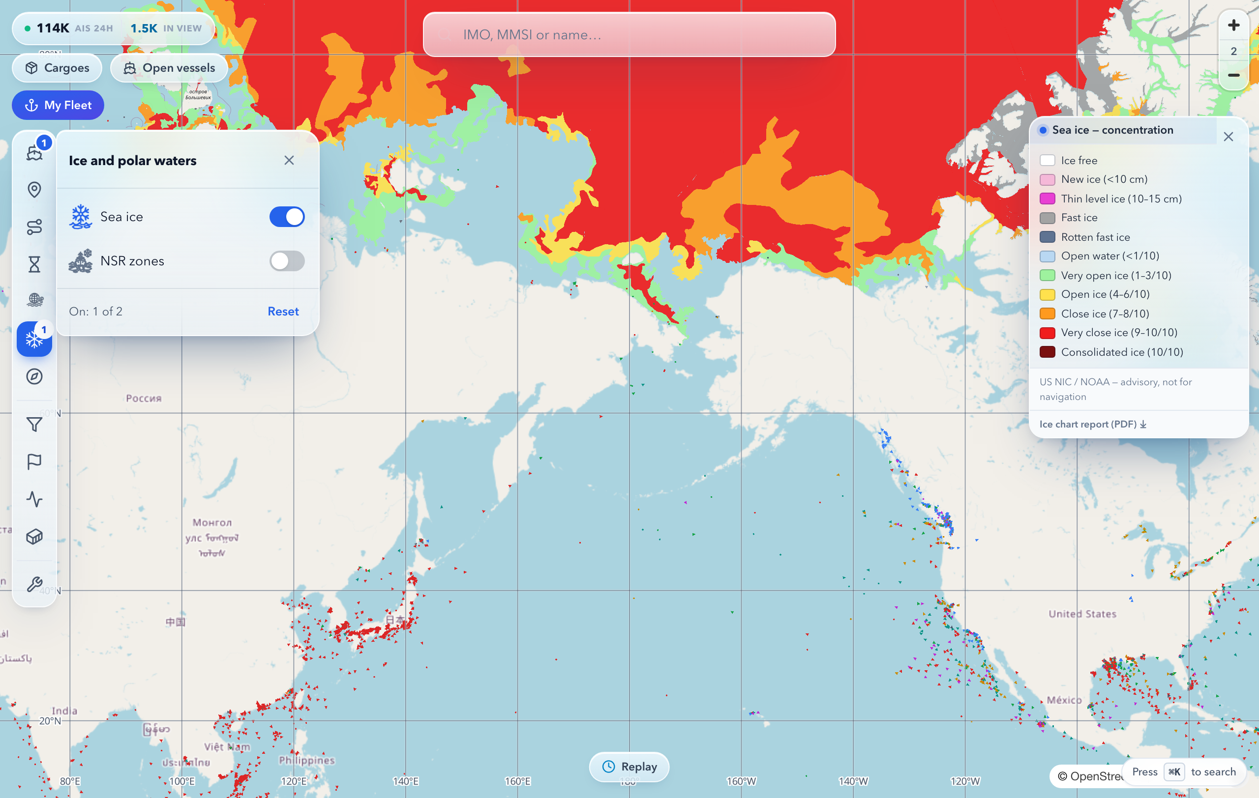 Sea-ice layer on the rynda.io map: concentration shading and the class legend