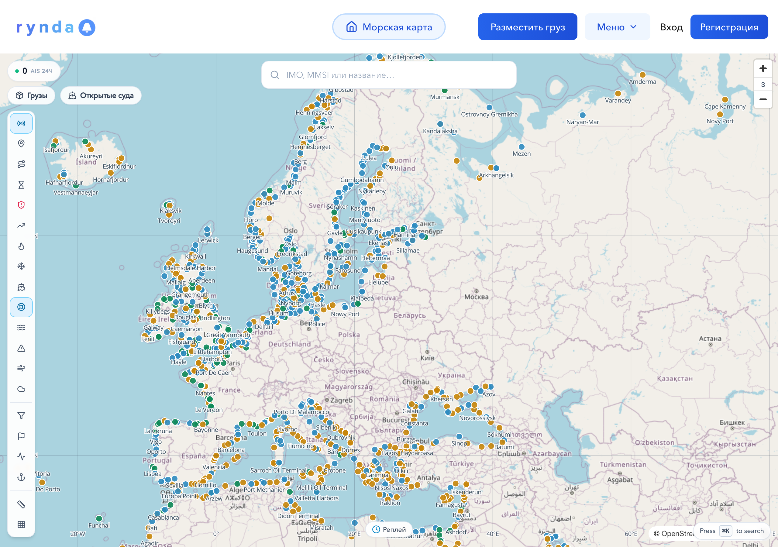rynda map with the Shelters layer on: refuge points along the coasts of Europe and the Arctic