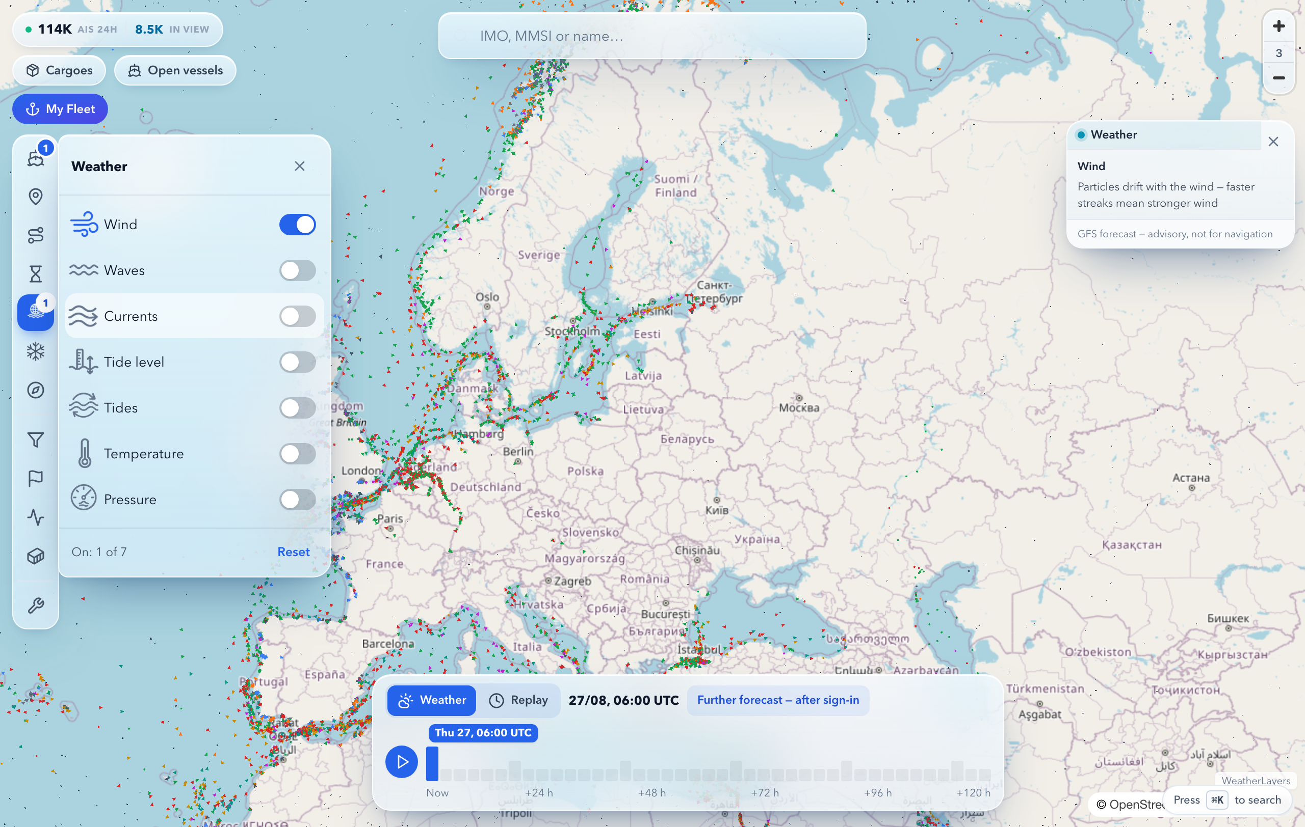 Weather layer on the rynda.io map: wind particles, the parameter column, the legend and the forecast time dock